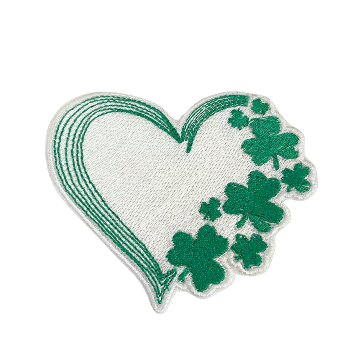 Handmade Shamrock Heart patch with green clovers and intricate embroidery.