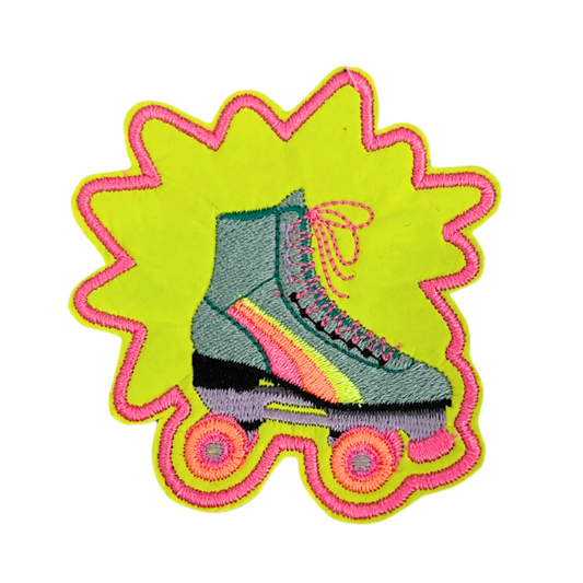 Handmade Neon Roller Skate patch with bright neon colors and intricate embroidery.