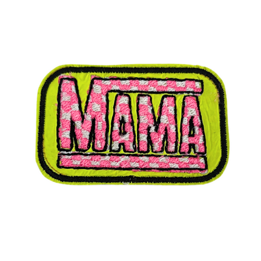 Handmade Mama patch with a vibrant design in pink and yellow.