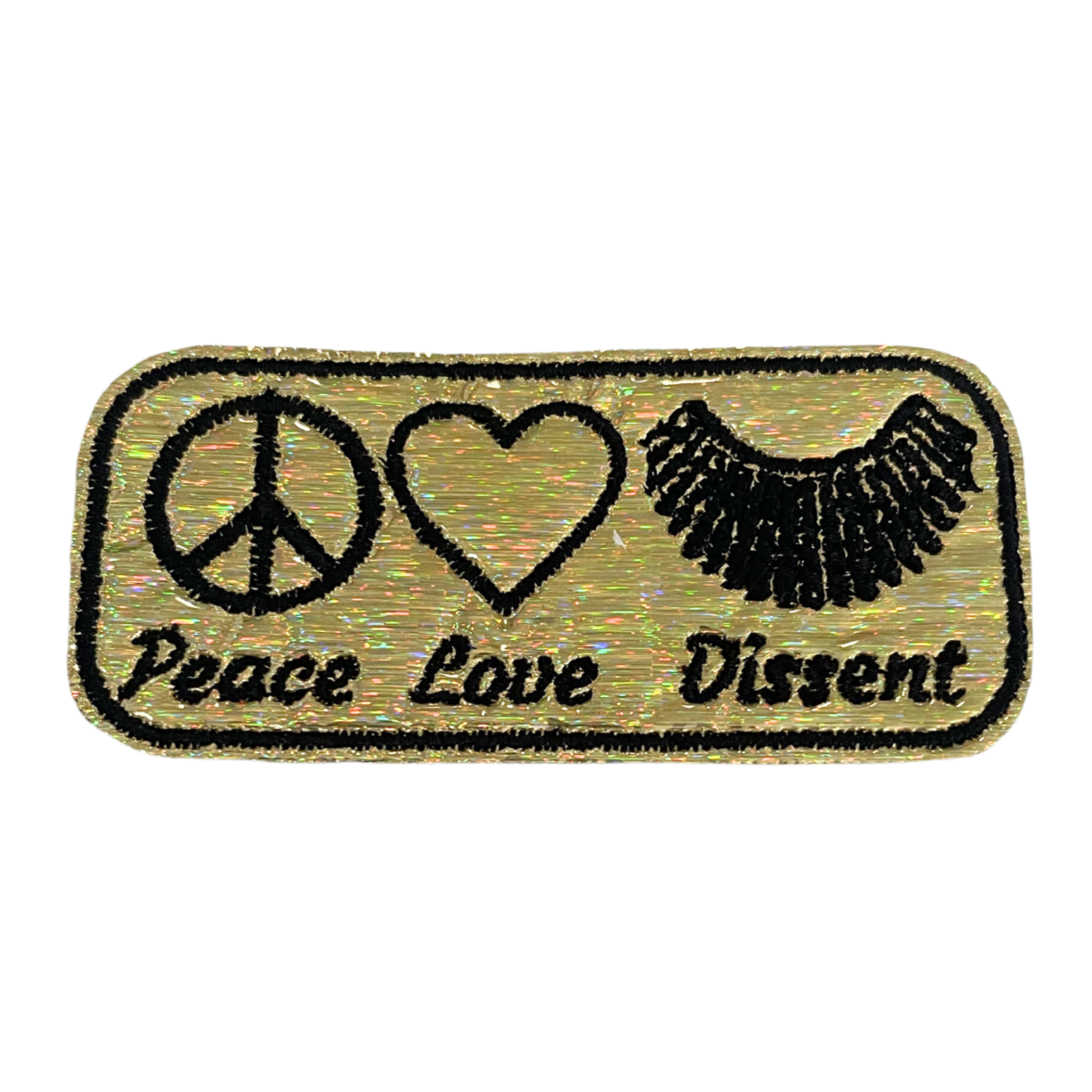 Handmade Peace, Love, Dissent patch with peace sign, heart, and dissent text on a gold background.