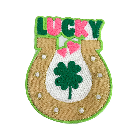 Handmade Lucky Horseshoe patch with bright colors, shamrock, and hearts.