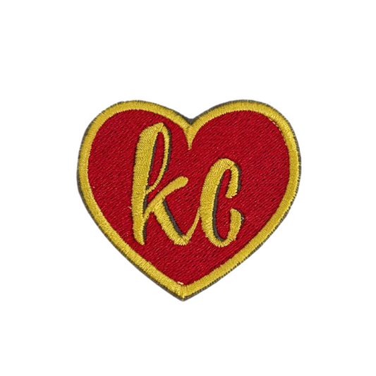 Handmade KC Heart patch in Kansas City Chiefs colors with intricate embroidery.