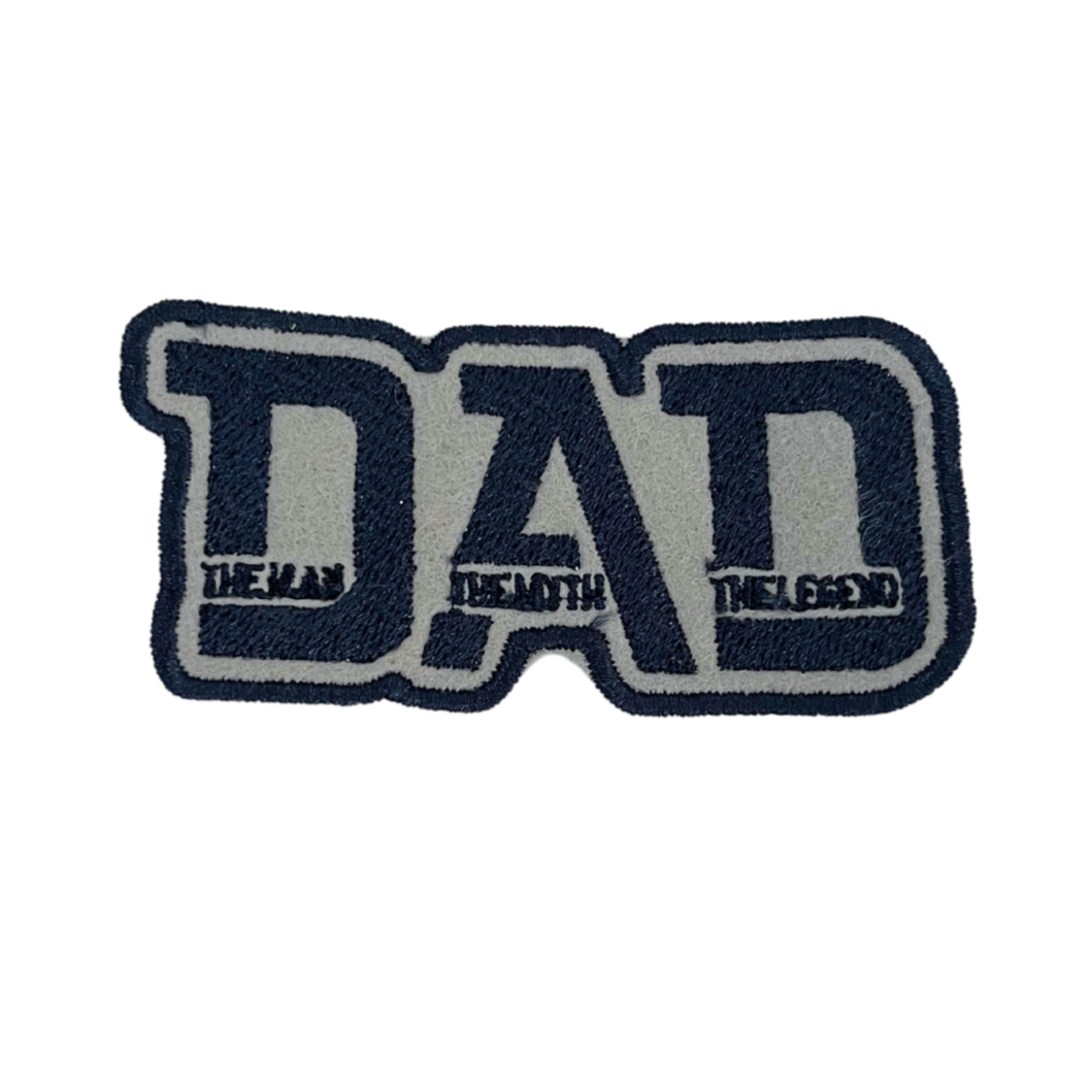 Handmade DAD patch with bold letters and a "The Man, The Myth, The Legend" design.