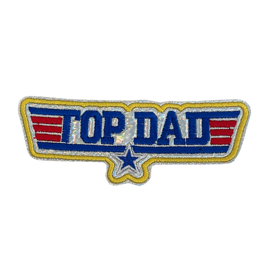 Handmade Top Dad patch with bold Top Gun-inspired design in blue, red, and yellow.