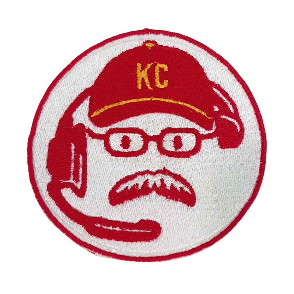 Handmade Andy Reid Coach patch with bold colors and humorous design featuring the Kansas City Chiefs coach.