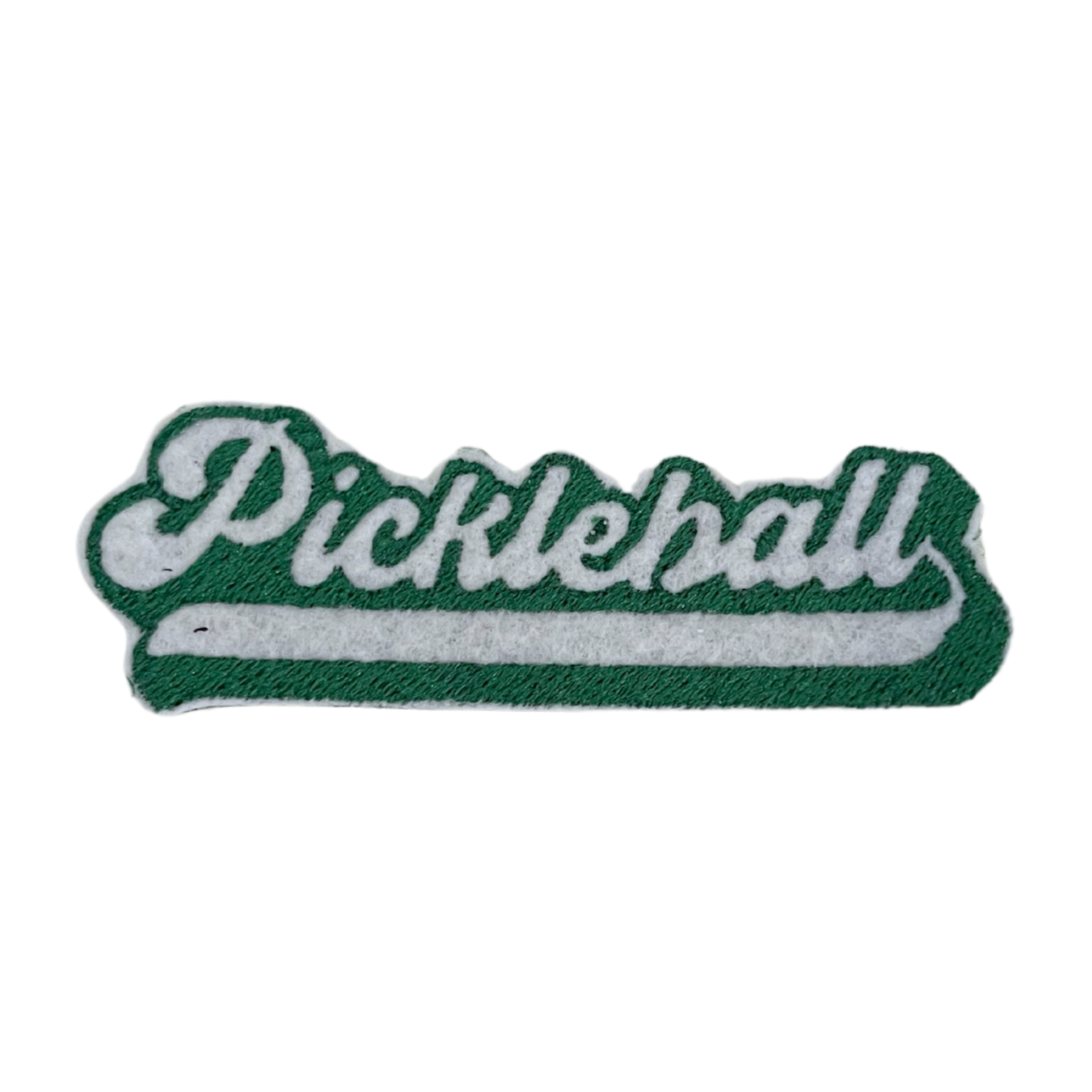 Handmade Pickleball patch with green text on a white background.