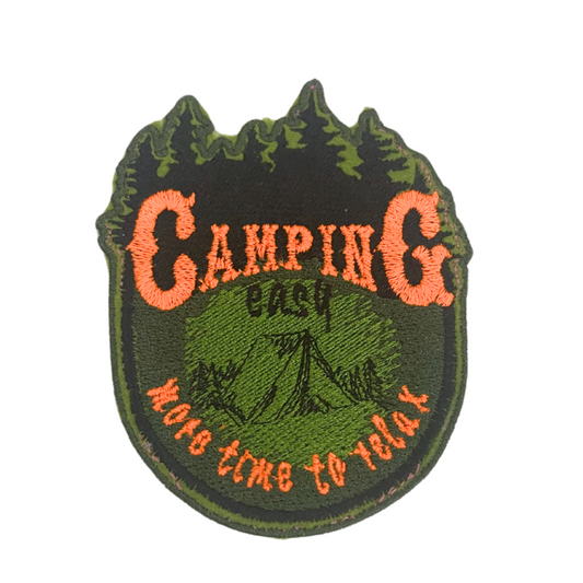 Custom embroidered patch featuring a camping scene with the text "Camping Easy, More Time to Relax," perfect for personalizing hats and apparel.