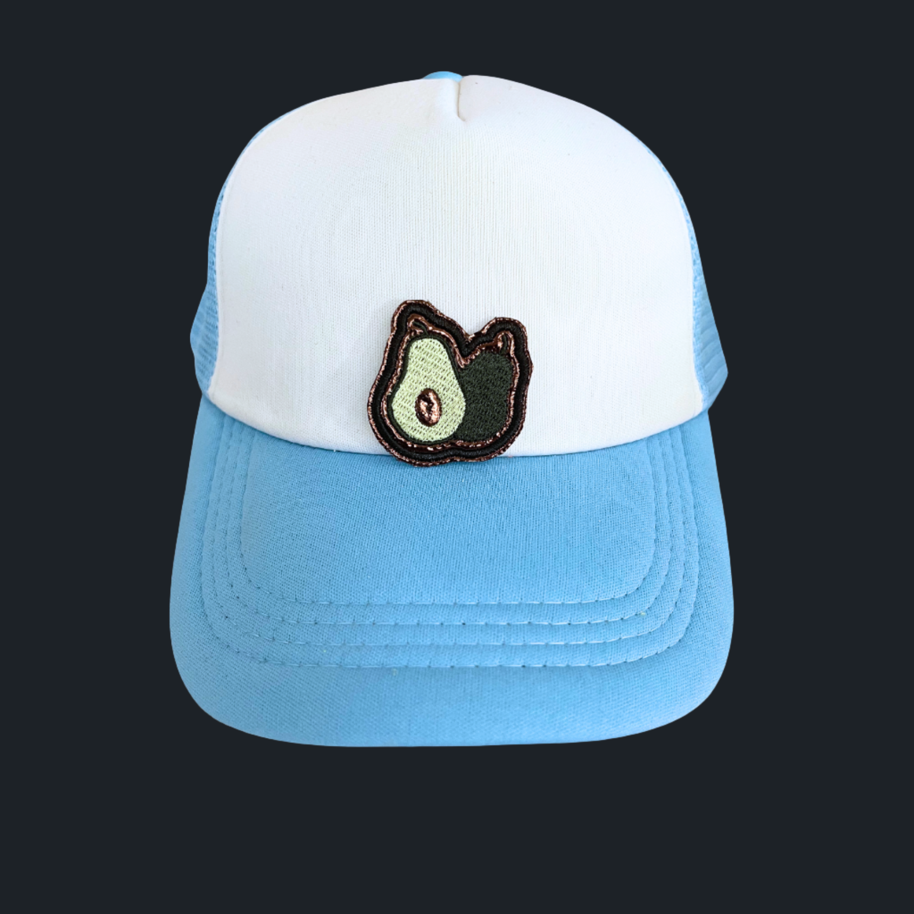 Custom embroidered patch featuring a split avocado, perfect for personalizing hats and apparel.