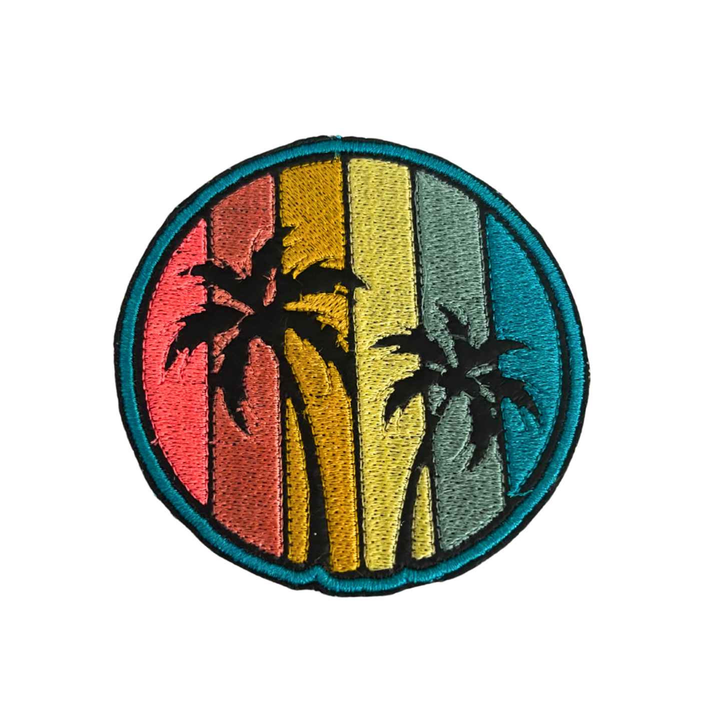 Round patch with a retro sunset background and black palm trees