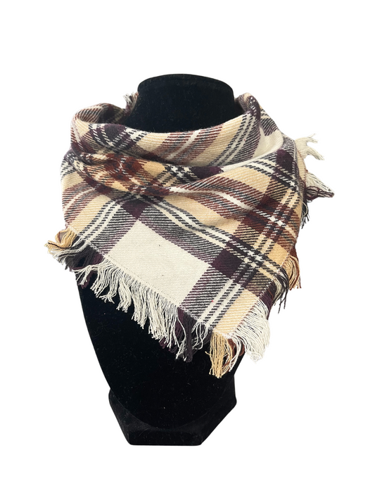 Autumn plaid fringe bib-dana scarf with cream, brown, maroon, and mustard colors, featuring adjustable snap closures, displayed on a black mannequin.