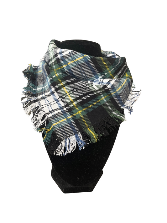 Plaid fringe bib-dana scarf with green, blue, yellow, and white colors, featuring adjustable snap closures, displayed on a black mannequin.