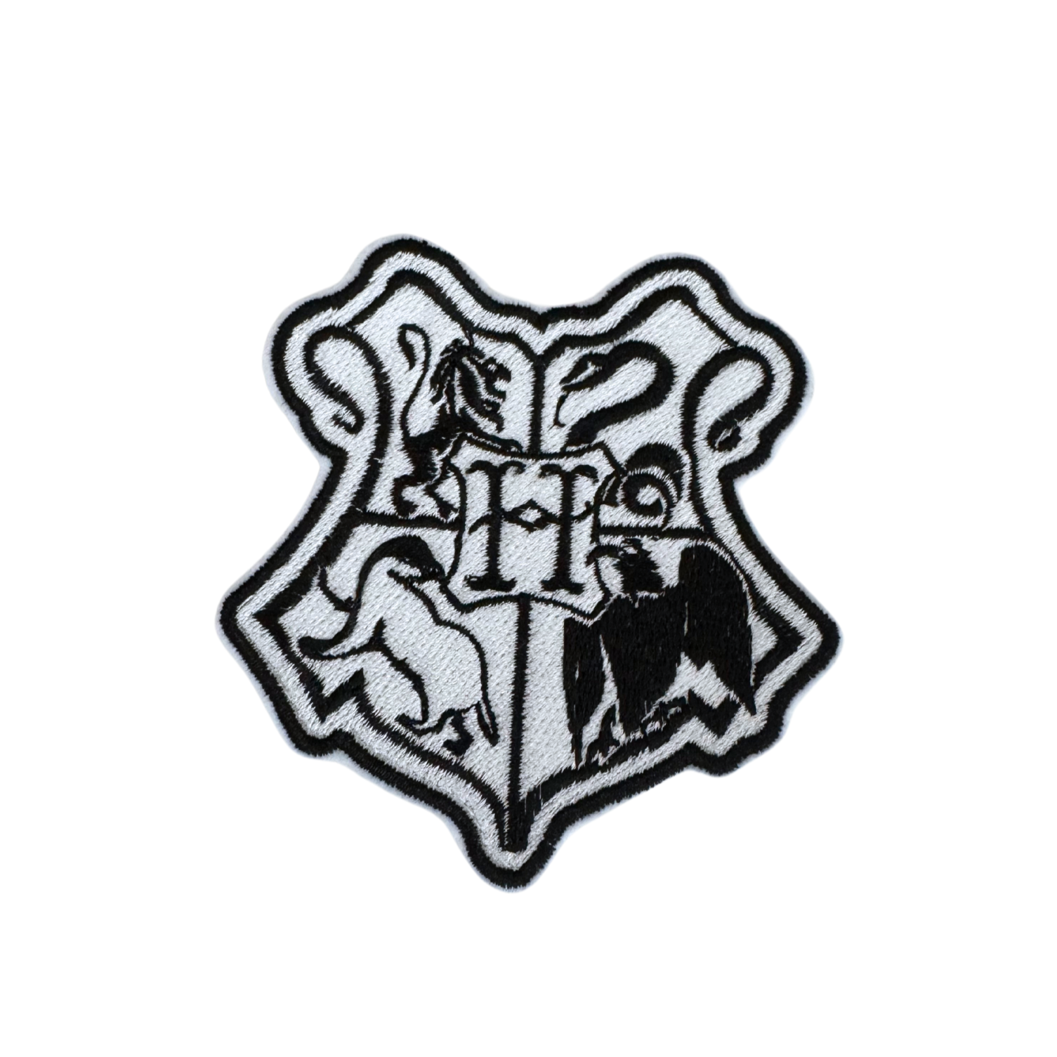 Monochrome Hogwarts Crest handmade patch for hats, koozies, bags, and accessories.