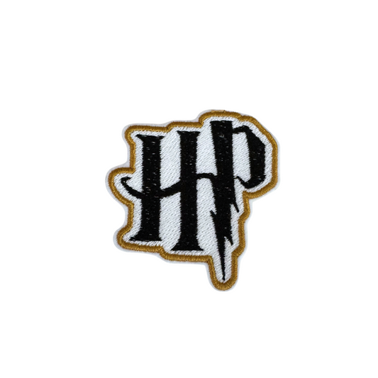 Close-up of Harry Potter HP logo embroidered patch.