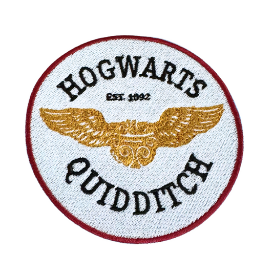 Handmade Hogwarts Quidditch patch with gold wings and black text.