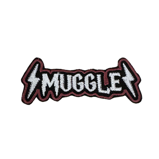 Close-up view of a Muggle Magic Embroidered Patch with lightning bolts.