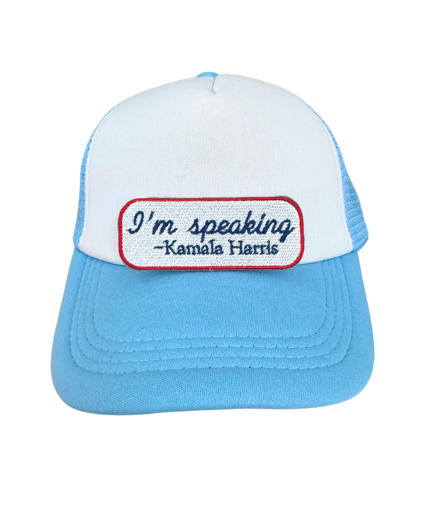 Handmade "I'm Speaking" Kamala Harris patch in white with blue and red embroidery.