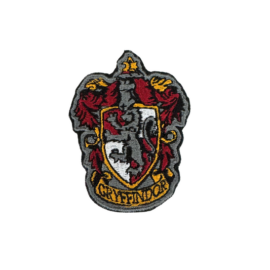 Handmade Gryffindor patch with intricate embroidery, showcasing the house crest in red and gold.