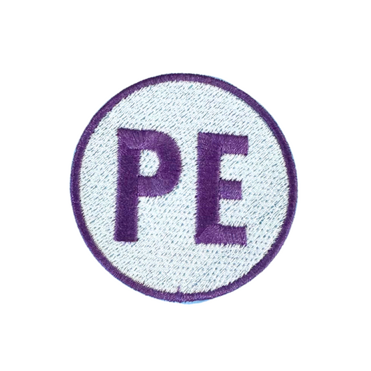 Purple and white Prairie Elementary "PE" handmade patch