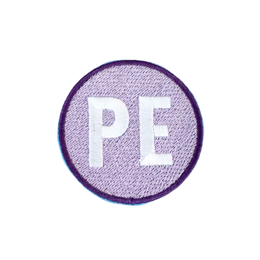 Purple and white Prairie Elementary "PE" patch