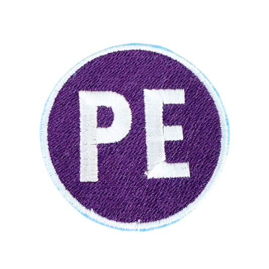 Purple and white Prairie Elementary "PE" patch