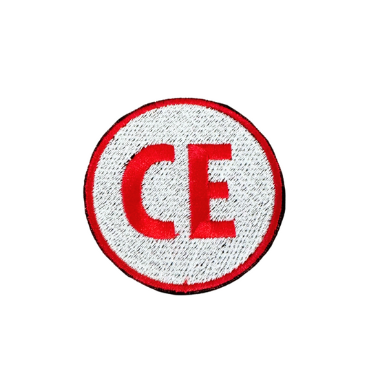 Red and white Corinth Elementary "CE" handmade patch