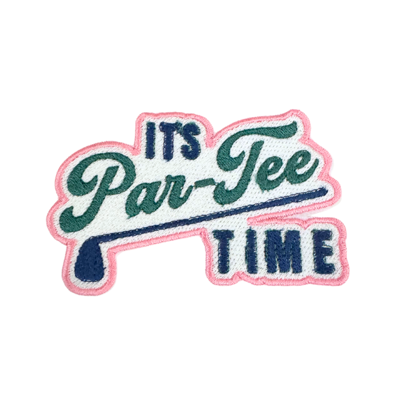 "Par-Tee Time" handmade patch with playful golf-themed design, customizable for hats, koozies, and bags.