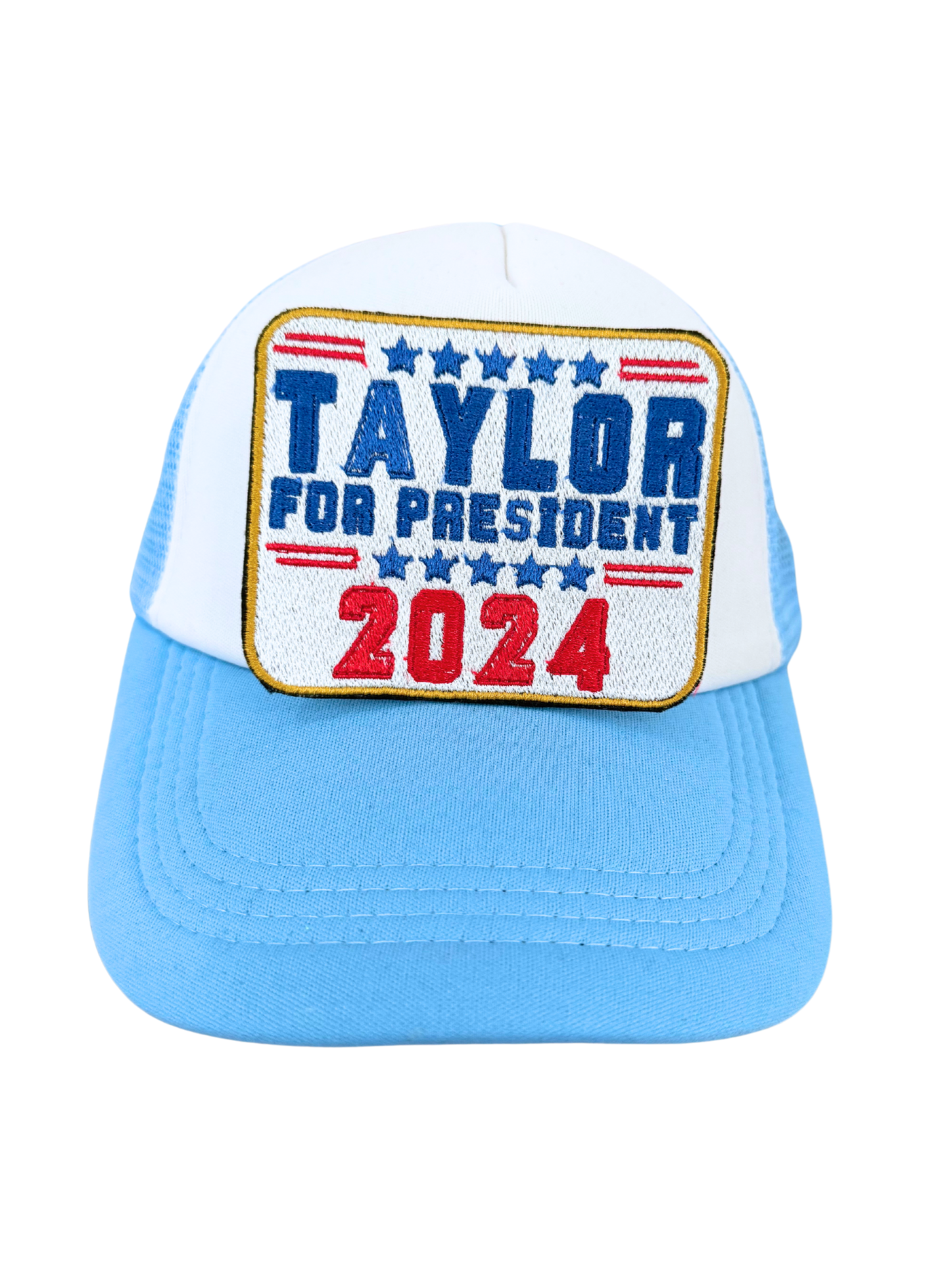 Handmade "Taylor for President 2024" patch in red, white, and blue.