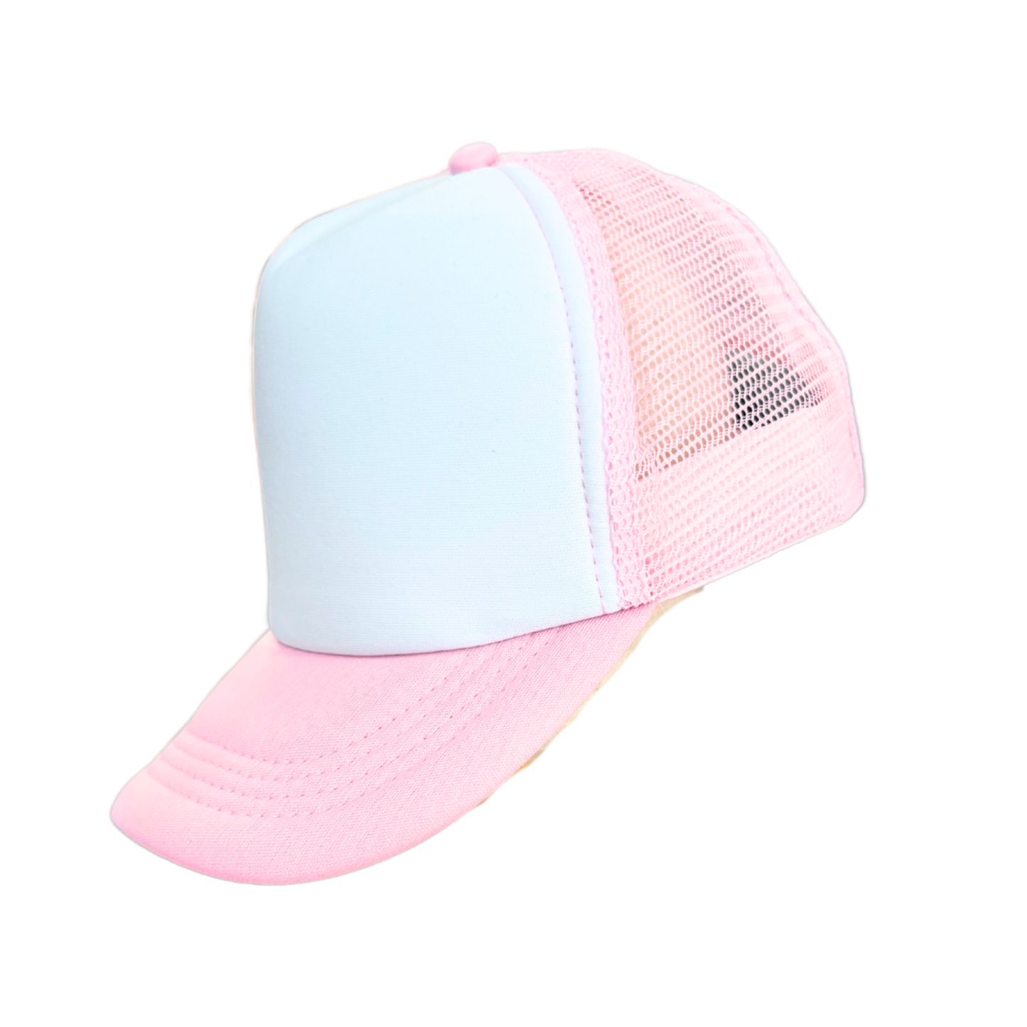 Youth size light pink and white foam trucker hat with adjustable snap back closure.