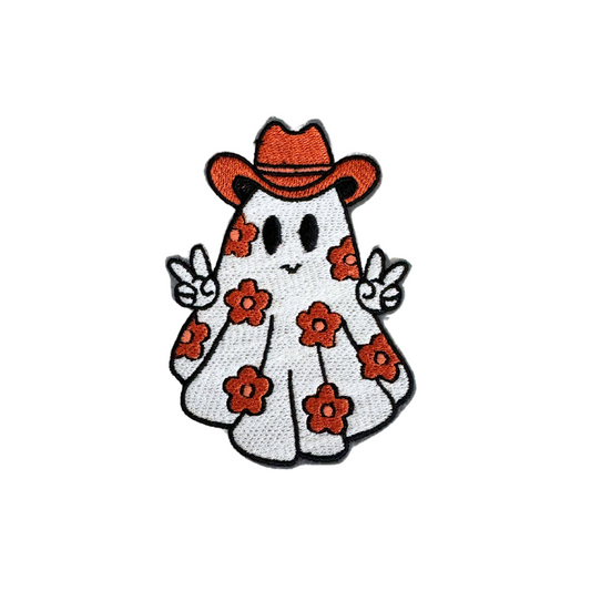 Cowboy Ghost patch with floral print and peace sign.

