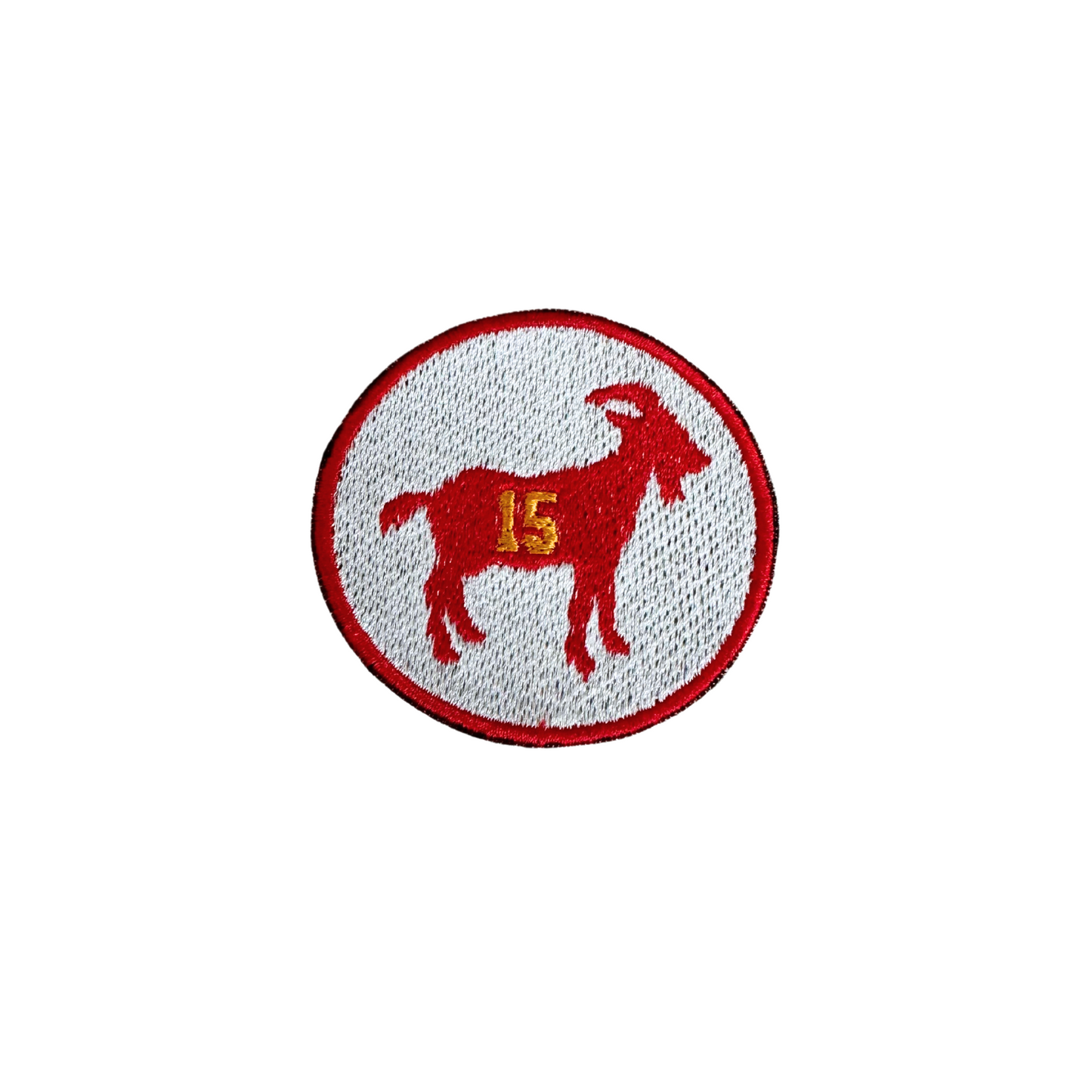 Handmade Patrick Mahomes GOAT 15 patch in red and white.
