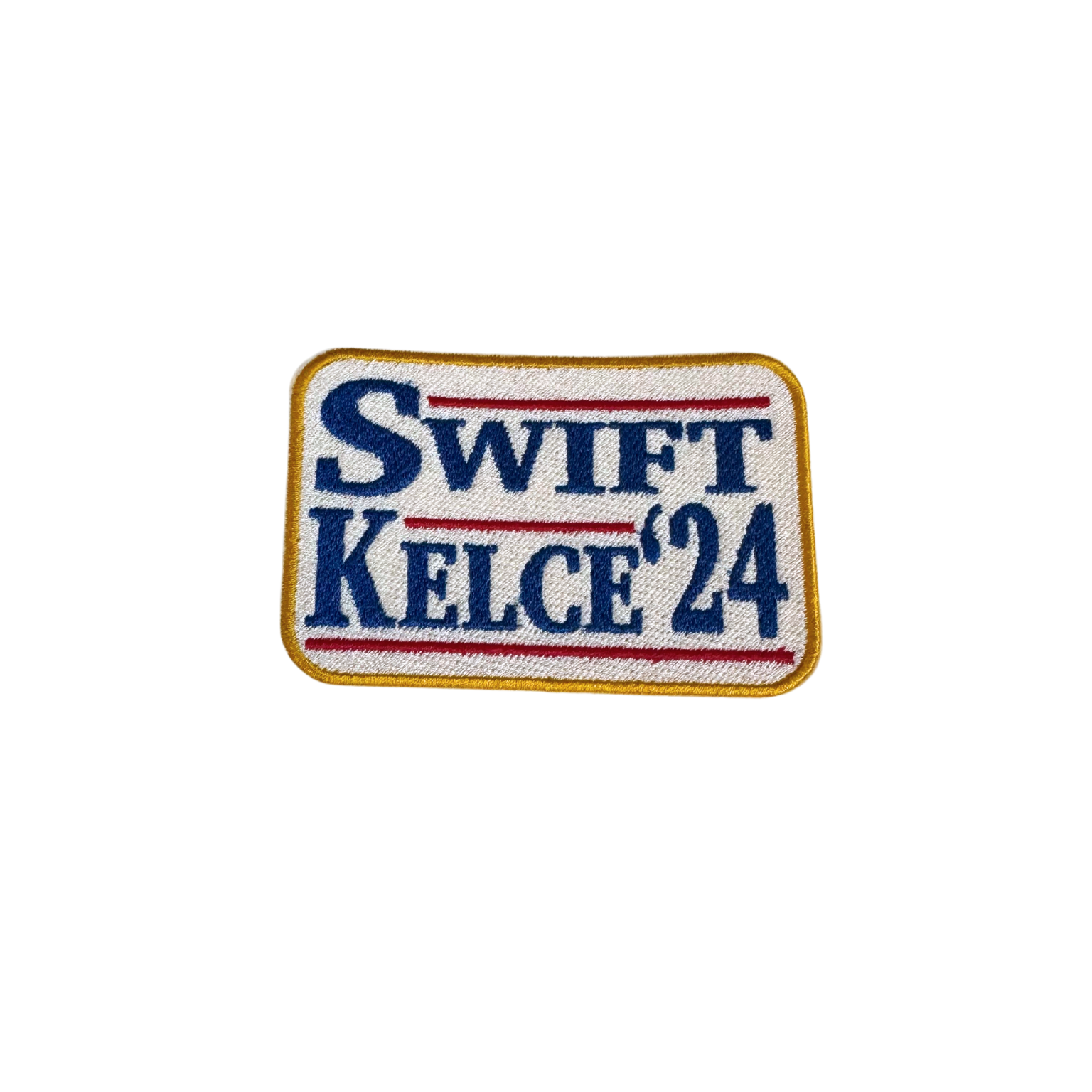 Handmade patch with "Swift Kelce '24" text in a political campaign style.

