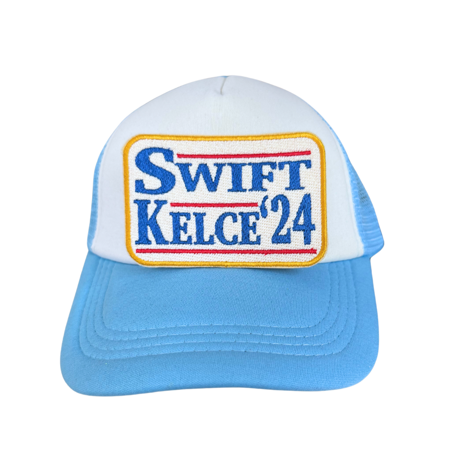 Handmade patch with "Swift Kelce '24" text in a political campaign style.

