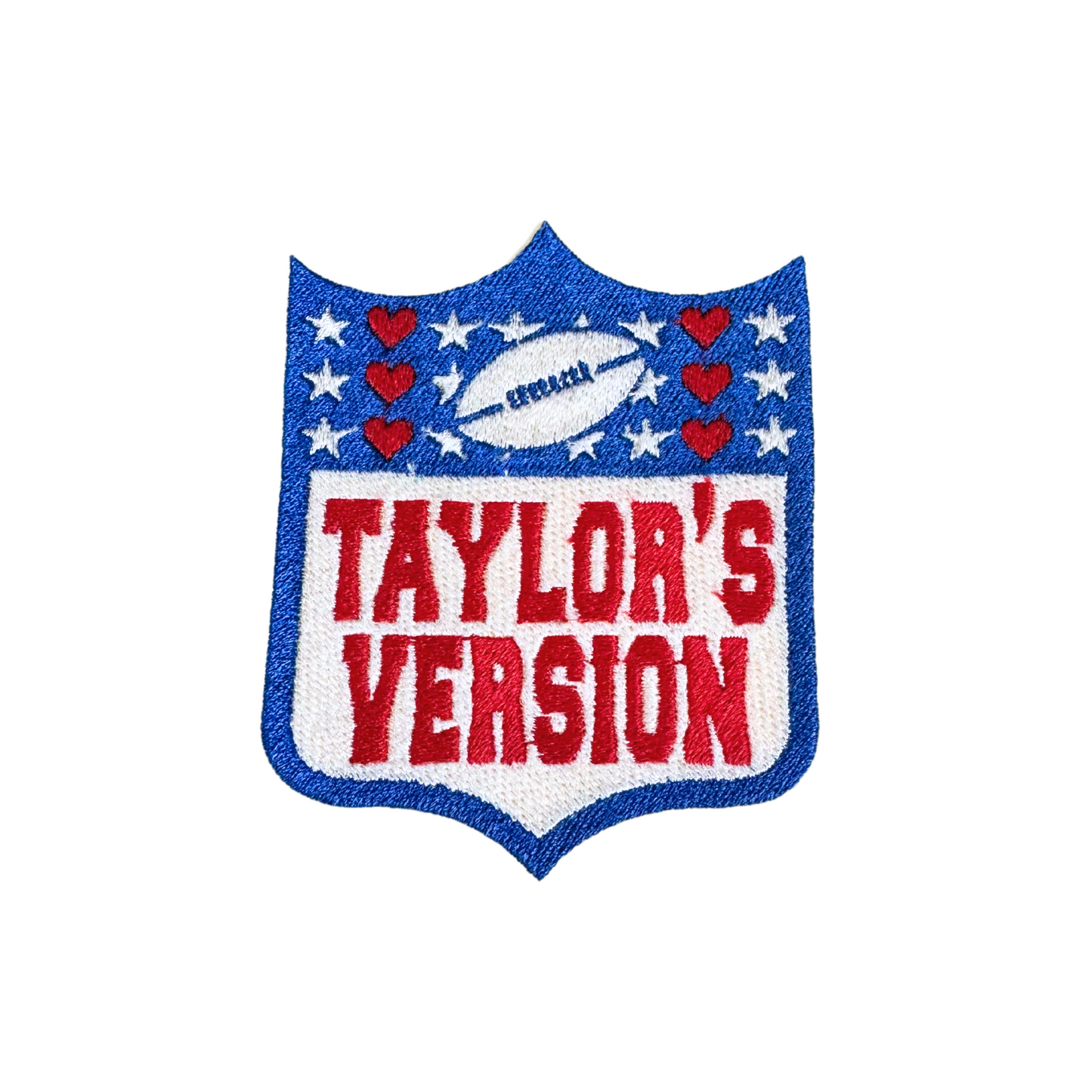 Taylor's Version NFL-inspired patch with football and hearts design.

