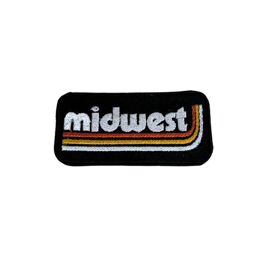 Retro Midwest patch with bold lettering and vintage stripe design.

