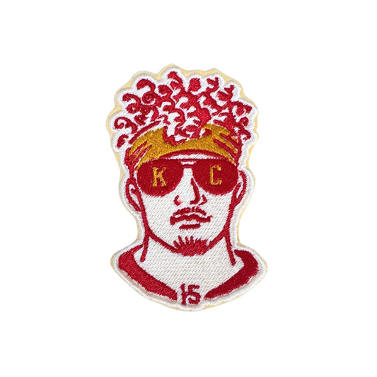 Patrick Mahomes patch featuring his iconic curls and KC sunglasses.

