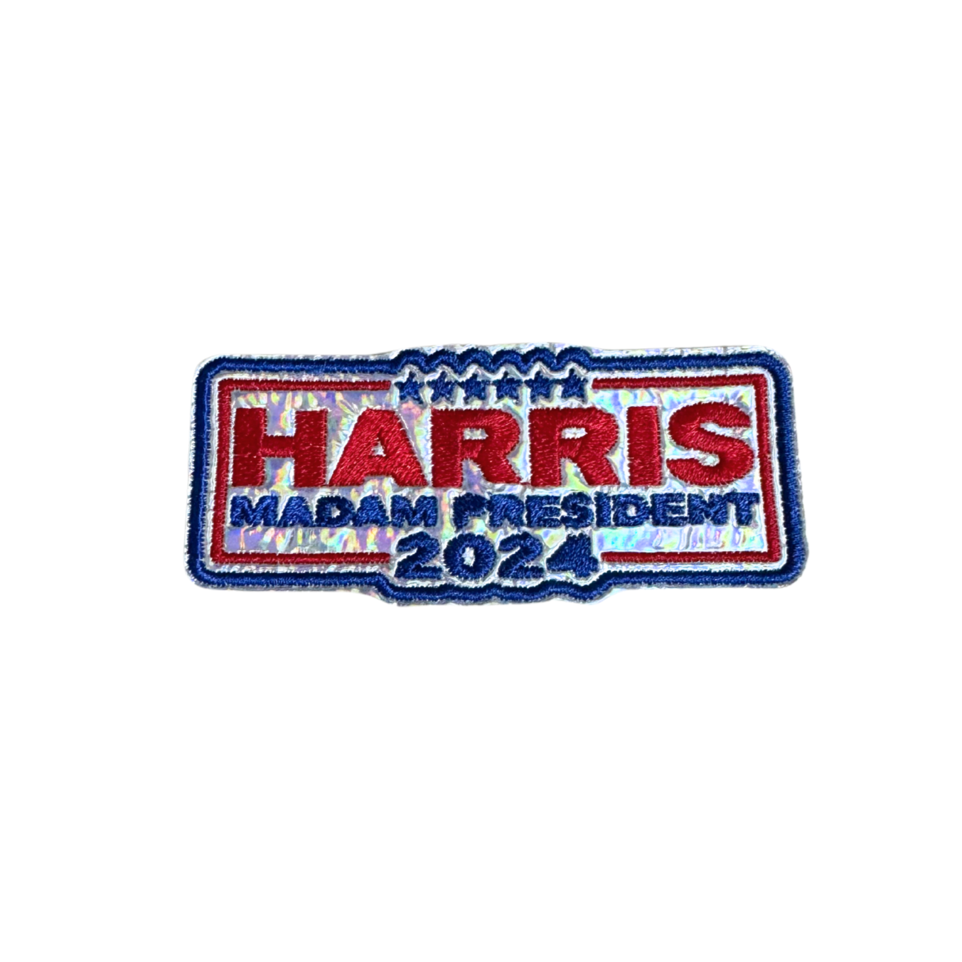 Harris 2024 Madam President patch in red, white, and blue.

