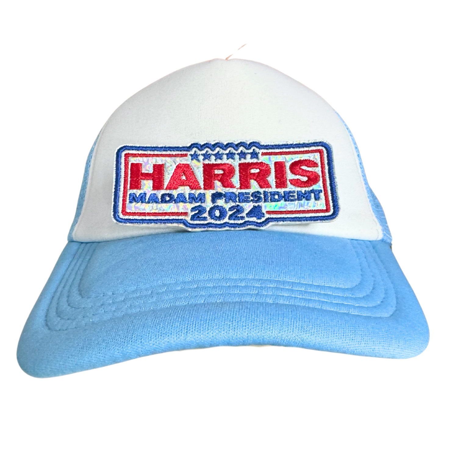 Harris 2024 Madam President patch in red, white, and blue.

