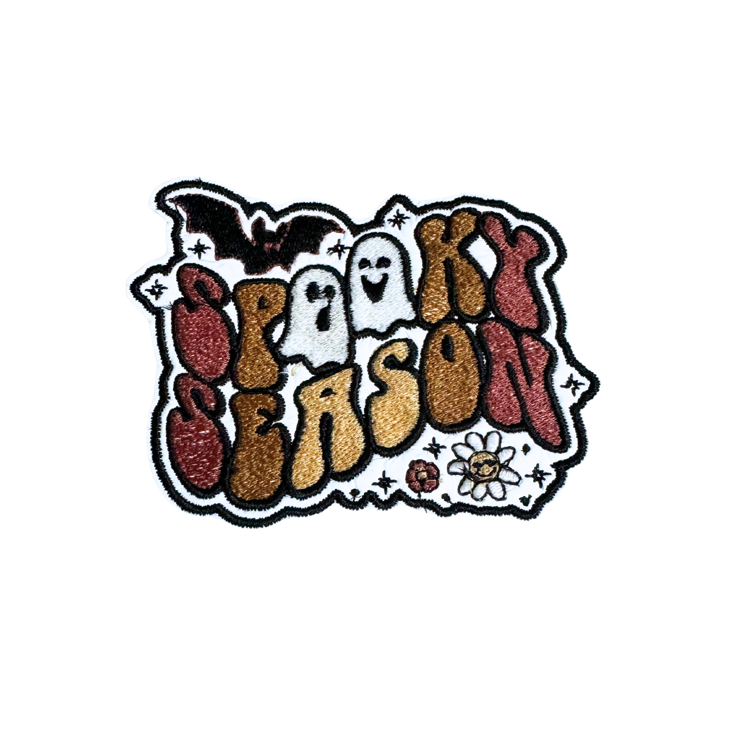 Spooky Season patch with a retro Halloween theme featuring bats, ghosts, and flowers.

