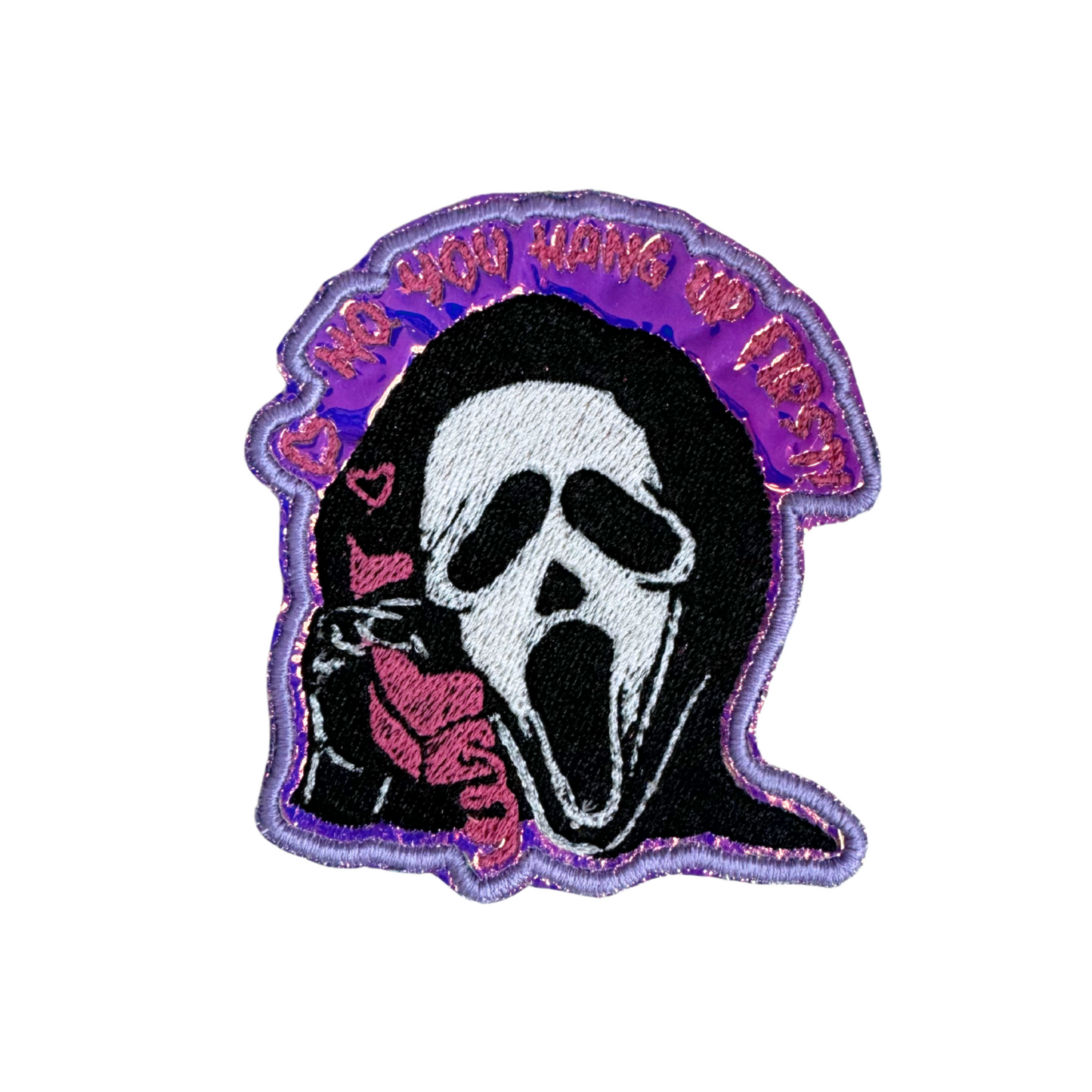 "No You Hang Up First" Ghost Face patch in black, white, and purple.

