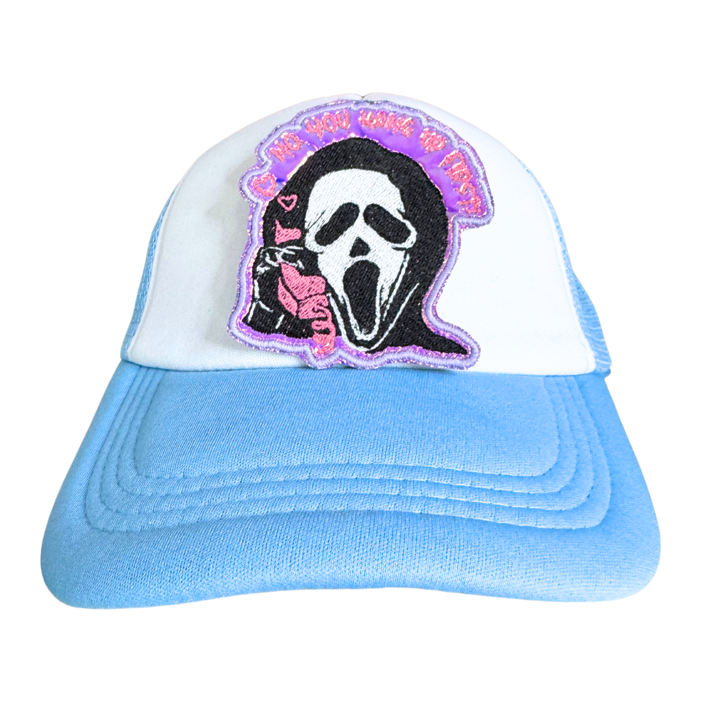 "No You Hang Up First" Ghost Face patch in black, white, and purple.

