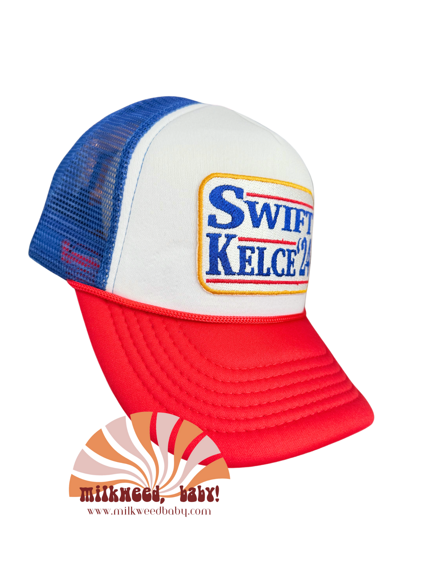 Swift Kelce '24 embroidered patch on red, white, and blue trucker hat.

