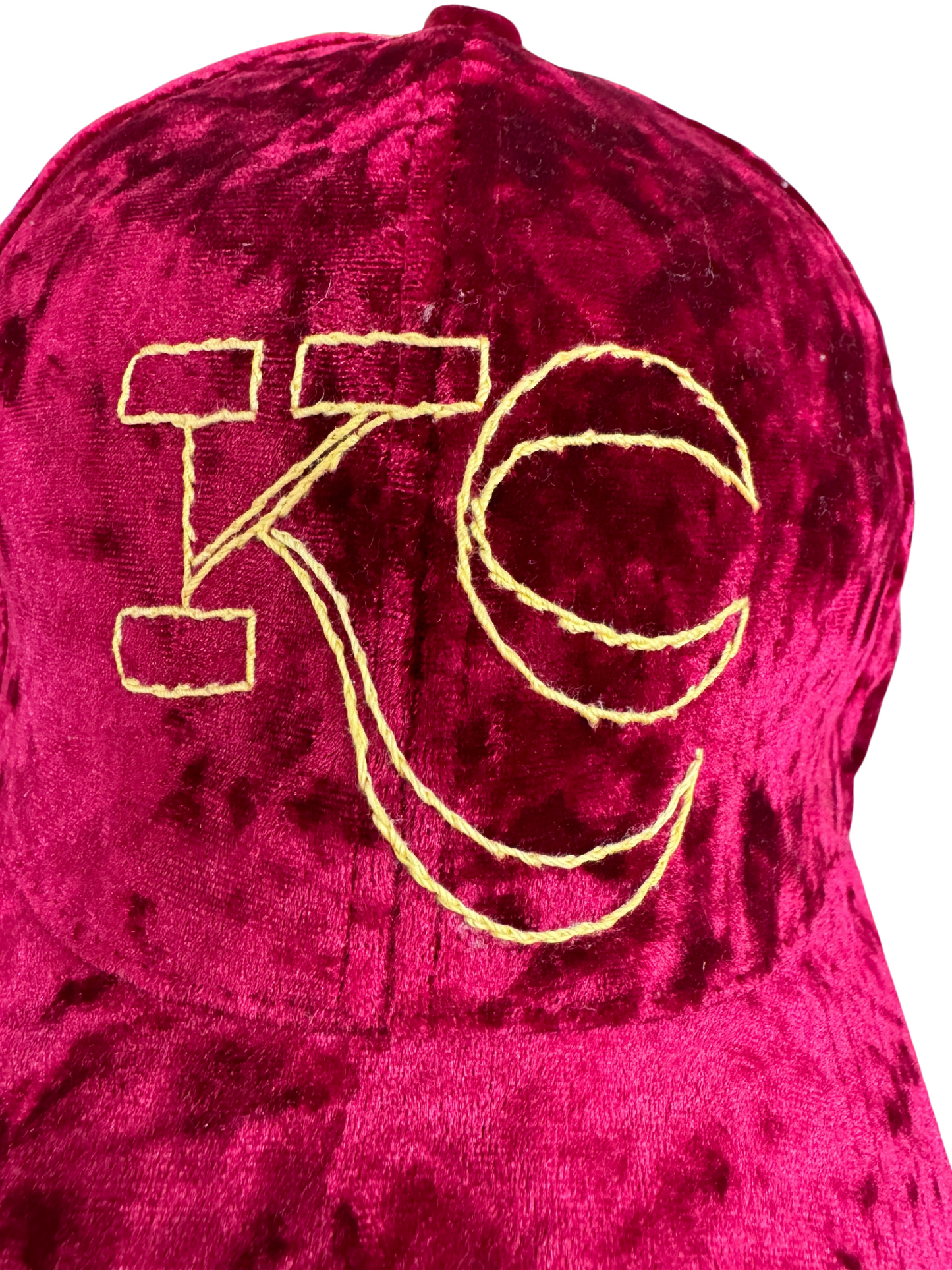 Velvet KC Hat – Hand-Embroidered Gold KC Logo, Burgundy Velvet, Ready to Ship, Made in Kansas City