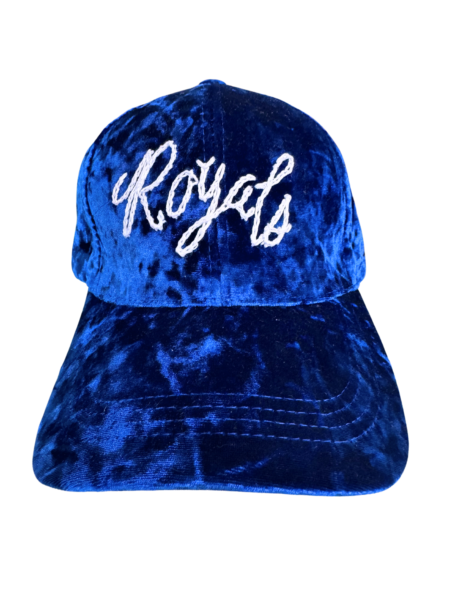 Hand embroidered Royals hat in crushed velvet blue, handmade in Kansas City.