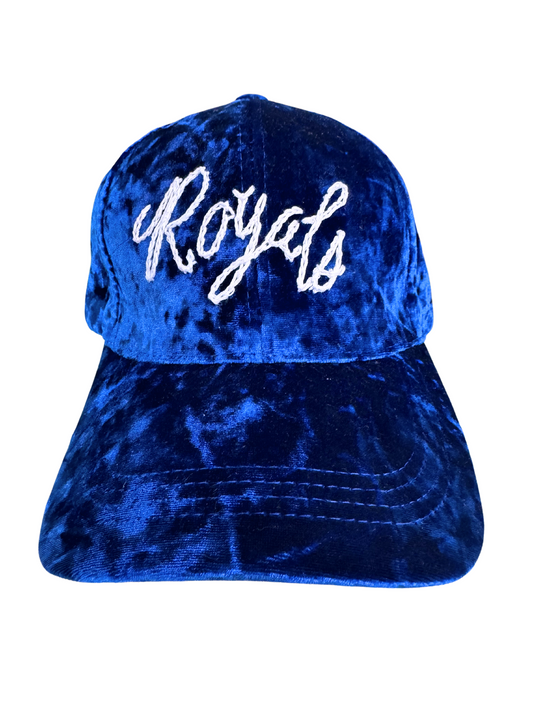 Hand Embroidered Royals Hat – Crushed Velvet Blue Cap Handmade in Kansas City