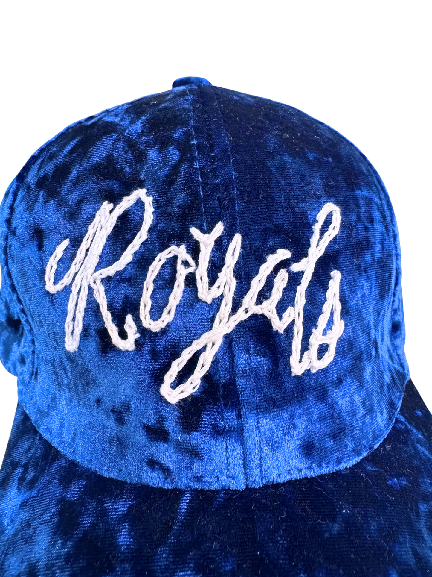 Hand Embroidered Royals Hat – Crushed Velvet Blue Cap Handmade in Kansas City