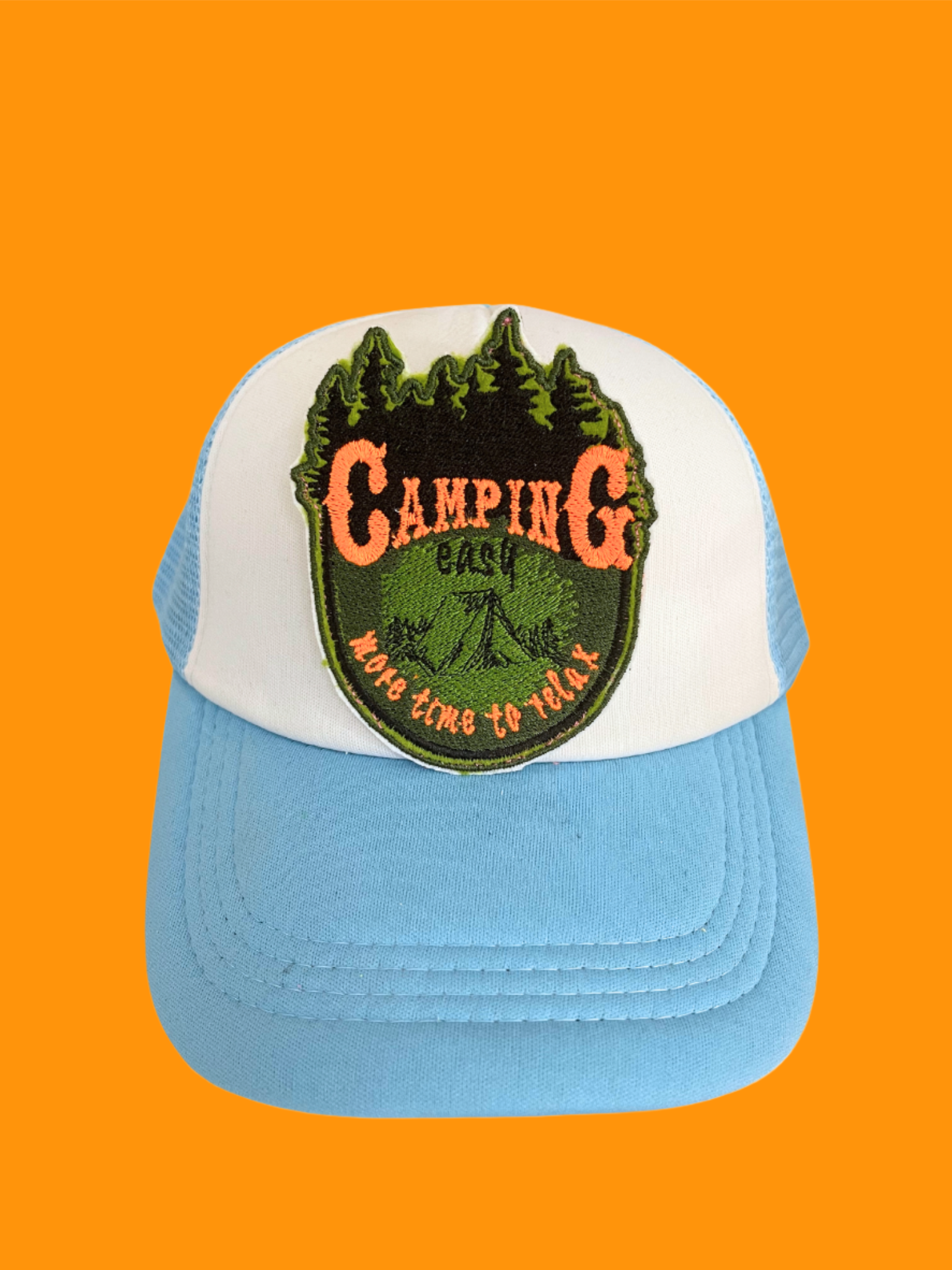 Custom embroidered patch featuring a camping scene with the text "Camping Easy, More Time to Relax," perfect for personalizing hats and apparel.