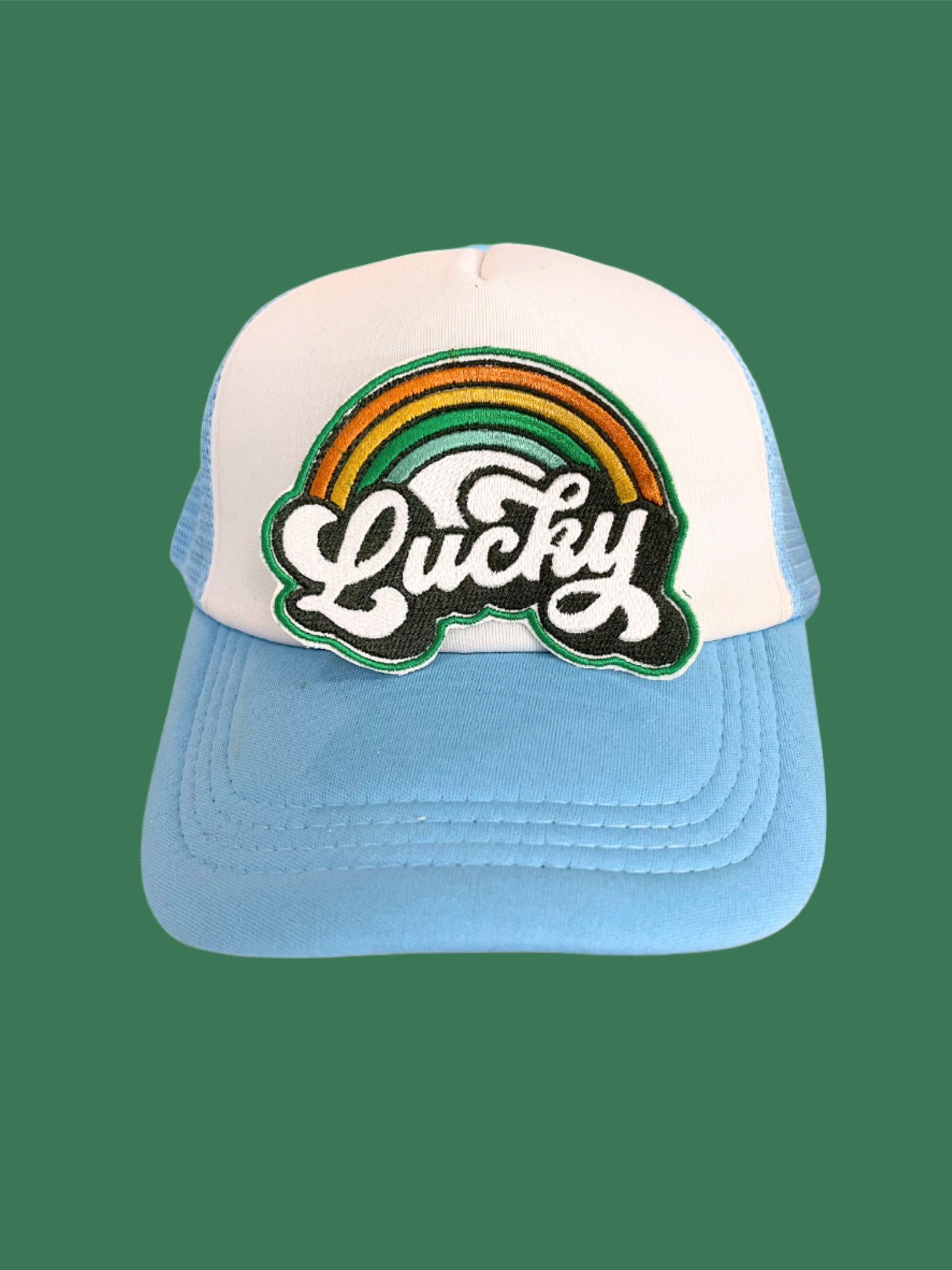 Handmade Lucky Rainbow patch with colorful rainbow and white script embroidery.