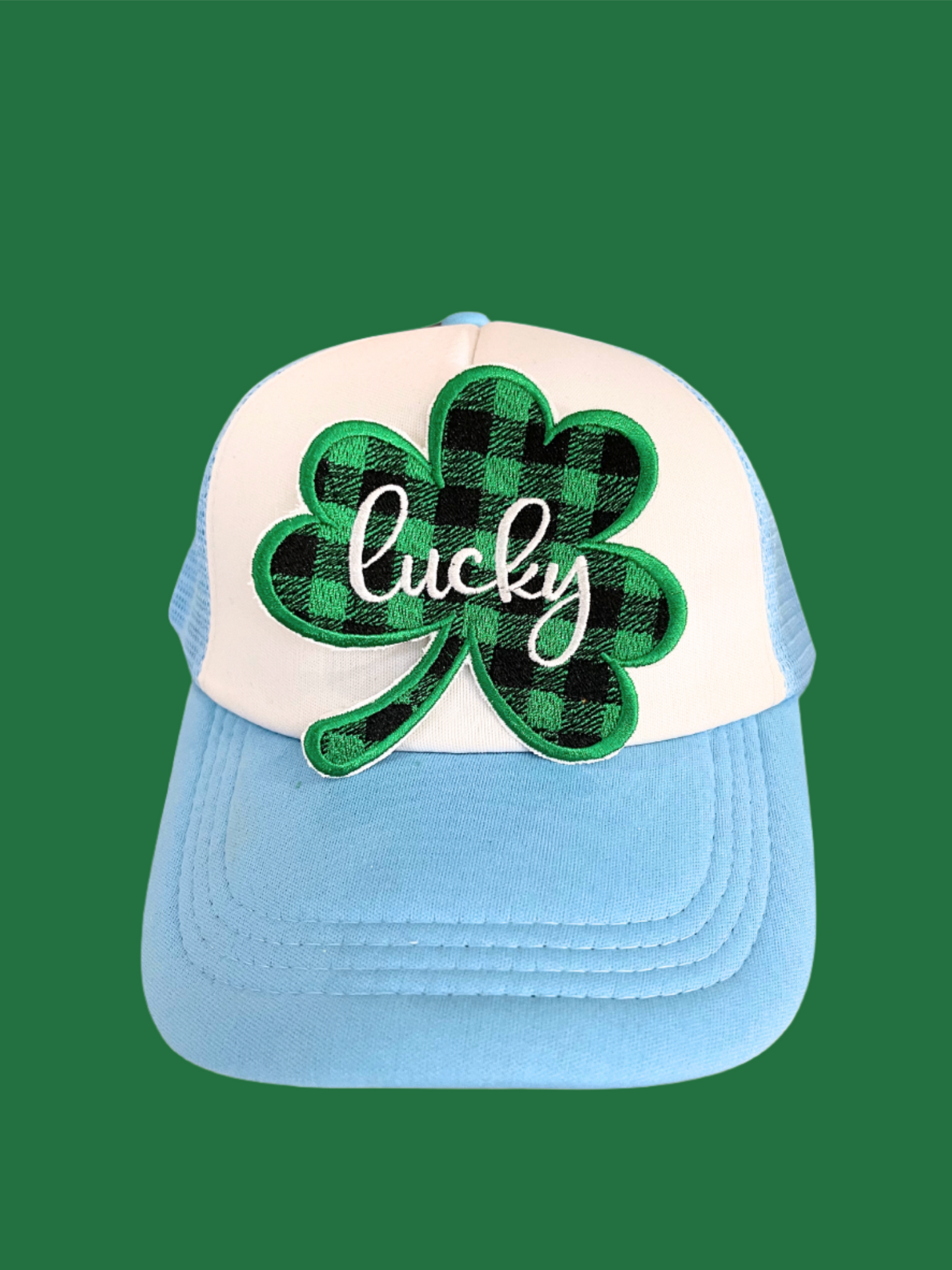 Handmade Lucky Shamrock patch with green plaid design and white script embroidery.