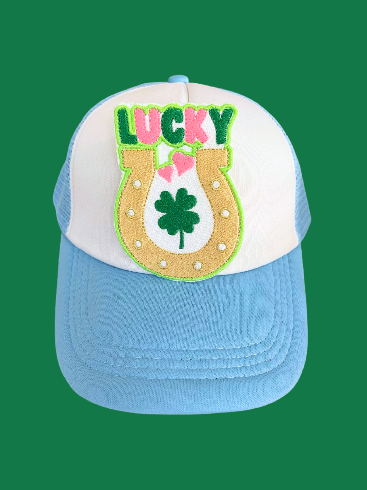 Handmade Lucky Horseshoe patch with bright colors, shamrock, and hearts.