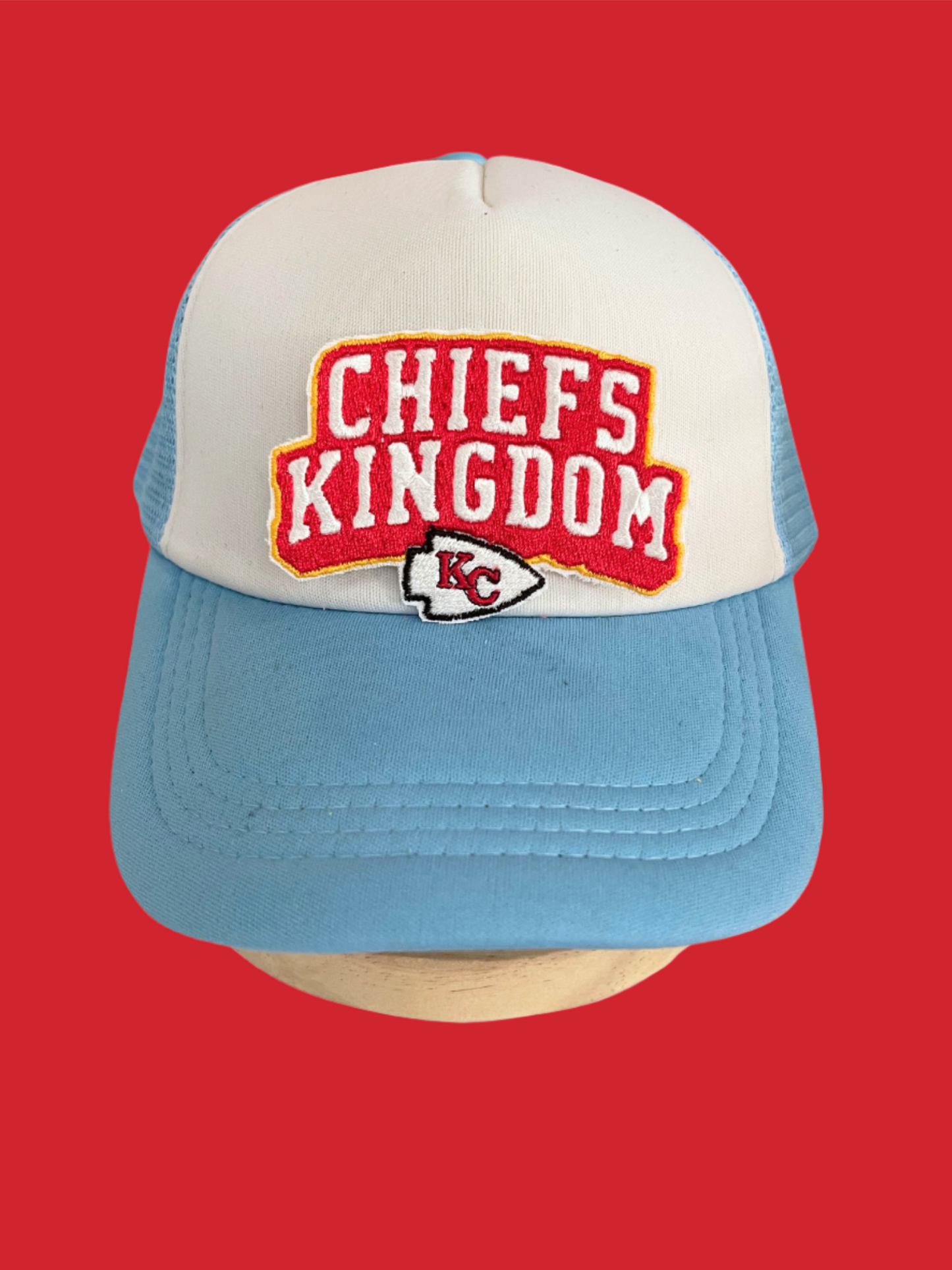 Handmade Chiefs Kingdom patch with bold colors and Kansas City Chiefs logo.